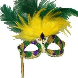 Purple, Green, and Gold Venetian Masquerade Mask on a Stick with Ostrich Feathers