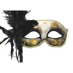 Black and Gold Venetian Masquerade Mask on a Stick With a Large Ostrich Feather