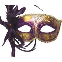 Purple and Gold Venetian Masquerade Mask on a Stick with a Large Ostrich Feather