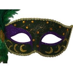 Feather Masks: Purple masquerade mask with green ostrich feather