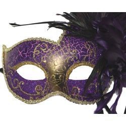 Purple Papier Mache Venetian Masquerade Mask with Feathers