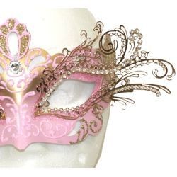 Pink and Gold Venetian Masquerade Mask with Gold Metal Laser Cut and Crystals