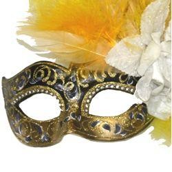 Venetian Masquerade Masks: Black and Gold Mask with Ostrich and Capon Feathers