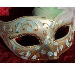 Venetian Masquerade Masks: Light Green and Gold Mask with Ostrich and Capon Feathers