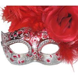 Red and Silver Paper Mache Venetian Masquerade Mask with Ostrich and Capon Feathers