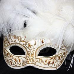 Venetian Masquerade Masks: White and Gold Mask with Ostrich and Capon Feathers