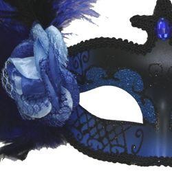 Venetian Masks: Blue and Black Mask with Blue Ostrich Plume and Rose