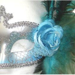 Venetian Masks: Light Blue and Silver Masquerade with Plumes and Rose