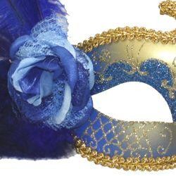 Feather Mask: Blue and Gold Mask with Blue Feather Plume and Blue Rose