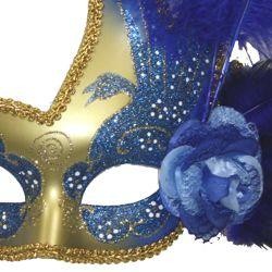Blue and Gold Venetian Masquerade Mask with Blue Ostrich Plumes and Flower