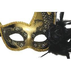 Black and Gold Venetian Masquerade Mask with Black Ostrich Plume and Flower