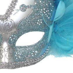 Light Blue and Silver Venetian Masquerade Mask with Light Blue Ostrich Plume and Flower