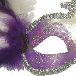Purple and Silver Venetian Masquerade Mask with Purple and White Plumes and Flower