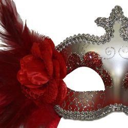 Red and Silver Venetian Masquerade Mask with Red Plumes and Flower on the Side