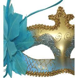 Light Blue and Gold Masquerade Mask with Glittery Patterns and Light Blue Feathers