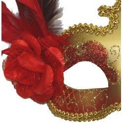 Red and Gold Venetian Masquerade Mask with Red Plumes and Flower on the Side