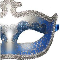 Blue and Silver Hand Painted Venetian Masquerade Mask With Glittery Scrollwork