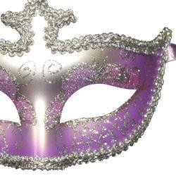 Light Purple and Silver Hand Painted Venetian Masquerade Mask With Metallic Fabric And With Glittery Scrollwork