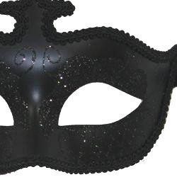 Black Masquerade Mask with Silver Glittery Scrollwork And Rich Fabric Trim Around The Edges