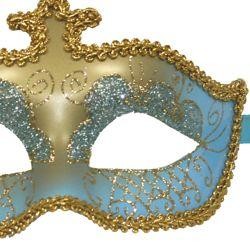 Light Blue and Gold Hand Painted Venetian Masquerade Mask With Metallic Fabric And With Glittery Scrollwork