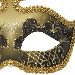 Black and Gold Hand Painted Venetian Masquerade Mask With Glittery Scrollwork