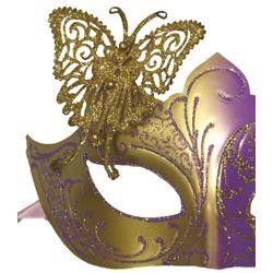 Venetian Purple and Gold Eye Masquerade Mask with Glitter Accents and Butterfly
