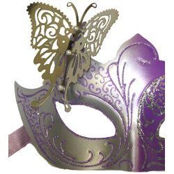 Venetian Purple and Silver Eye Masquerade Mask with Glitter Accents and a Butterfly