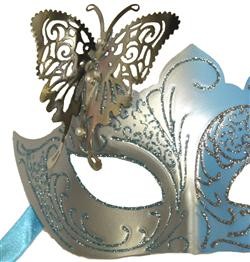 Venetian Light Blue and Silver Eye Masquerade Mask with Glitter Accents and a Butterfly