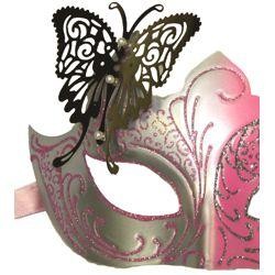 Venetian Pink and Silver Eye Masquerade Mask with Glitter Accents and a Butterfly