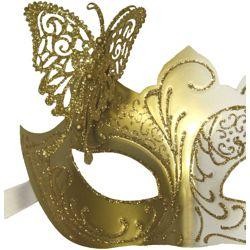 Venetian White and Gold Eye Masquerade Mask with Glitter Accents and a Butterfly