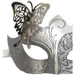 Venetian White and Silver Eye Masquerade Mask with Glitter Accents and a Butterfly