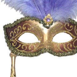 Gold and Purple Venetian Feather Masquerade Mask On A Stick with Large Light Purple Ostrich Feathers