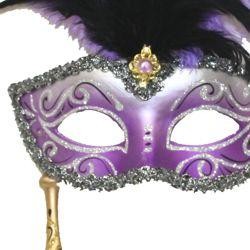 Silver and Purple Venetian Feather Masquerade Mask On A Stick with Large Light Purple Ostrich Feathers and Glitter Accents
