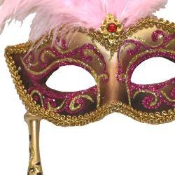 Gold and Pink Venetian Feather Masquerade Mask On A Stick with Large Pink Ostrich Feathers