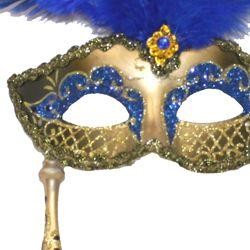 Gold and Blue Venetian Feather Masquerade Mask On A Stick with Large Blue Ostrich Feathers