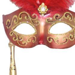 Gold and Red Venetian Feather Masquerade Mask on a Stick with Large Red Ostrich Feathers