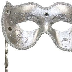 Silver Venetian Masquerade Mask on a Stick with Glitter Scrollwork, Acrylic Stones, And Fabric Trim