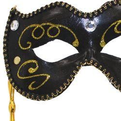 Black Venetian Masquerade Mask on a Stick with Acrylic Stones and Fabric Trim