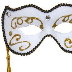 White Venetian Masquerade Mask on a Stick with Glitter Scrollwork, Acrylic Stones, And Fabric Trim