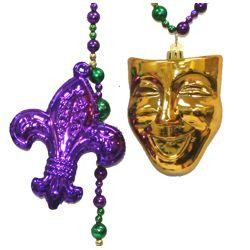 6ft Long Purple/ Green/ Gold Bead Garland w/ 3 1/2in Fleur-De-Lis and Comedy/ Tragedy Masks Designs