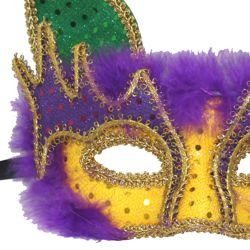 Mardi Gras Cat Masquerade Mask with Purple Feathers and with Fancy Gold Trim Around The Eyes And On The Edges