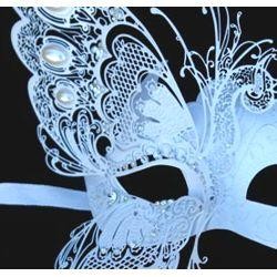 White Venetian Hand Painted Masquerade Mask with White Iridescent Metal Laser Cut and Crystals