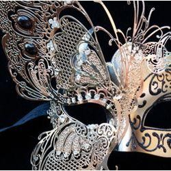 Black Venetian Hand Painted Masquerade Mask with Gold Metal Laser Cut and Crystals