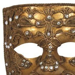 Gold Venetian Men Masquerade Mask with Fabric Design (Macrame) and Rhinestones 