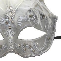 Silver Venetian Masquerade Mask with Rhinestones And White Ostrich Feathers