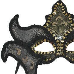 Black and Silver Venetian Men Masquerade Mask with Gold Glitter Design 