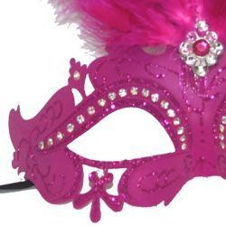 Hot Pink Venetian Masquerade Mask with Rhinestones and Hot Pink Ostrich Feathers