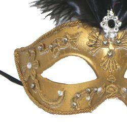 Gold Venetian Masquerade Mask with Rhinestones And Black Ostrich Feathers