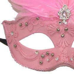 Pink Venetian Masquerade Mask with Rhinestones And Pink Ostrich Feathers