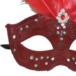 Red Venetian Masquerade Mask with Rhinestones And Red Ostrich Feathers